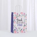 Floral kraft paper gift bag with white twist handles and Seek inspirational quote print - Purple Floral/Seek and you will find