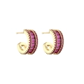 Elegantes pendientes dorados en forma de C con filas de circonitas rojas brillantes - Rosa Rojo