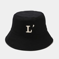 Detailed embroidery of white L letter on premium black cotton canvas bucket hat - M (56-58cm) / Black