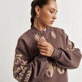 Dark brown long sleeve sweatshirt with tribal embroidery detail and relaxed fit - S / Brown