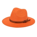 Detail of orange woven straw jazz hat with brown leather belt and metallic buckle - M (56-58cm) / Orange