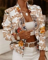 Women's white zip-up jacket with golden baroque floral and leopard head print - S / White with Baroque Leaves