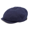 Detalle de gorra de vendedor de periódicos azul oscuro con tejido de punto y botón metálico - Talla única / Azul marino