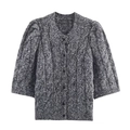 Cardigan in maglia grigio mélange con maniche a sbuffo e bottoni neri su sfondo bianco - S / Grigio