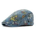 Ethnic denim flat cap with vintage floral print and adjustable metal buckle - Adjustable / Medium Blue