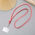 Detail of red and white braided phone lanyard with metallic clasp and clear connector - Red White