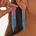 Long rhinestone tassel earrings with pink, purple, and blue gradient crystals - Pink and Blue Gradient (KE023RO-SB)