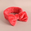 Soft coral pink plush headband with large bow for skincare and makeup routines - Red Bow Hairband (104#)
