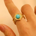 Detail of 18K gold-plated stainless steel ring with turquoise stone and woven texture - 42 18k Pure Gold K-117