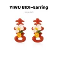 Detailed view of red double happiness stud earrings with floral pattern for weddings - Chinese Red Double Happiness Floral Style (14#)