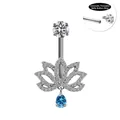 Détail de piercing nombril à filetage interne avec lotus argenté et goutte d'eau bleue - Lotus Bleu