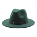 Detail of dark green wool fedora hat featuring star-studded black leather decorative band - Dark Green