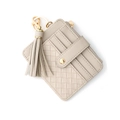 Beige woven texture card wallet with tassel keychain and multiple slots on white background - Gray