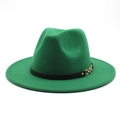 Detail of green wool fedora hat featuring a black leather band and gold chain buckle - M (56-58cm) / Grass Green