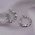Silver-colored hoop earrings with white rhinestones and metal beads on silk - E-025---Platinum