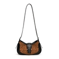 Black leather and leopard print crescent shoulder bag with silver buckle and slim strap - Leopard Brown with Black