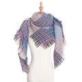 Women's plaid triangle scarf in red, blue, and white with fringe on a mannequin - Big Plaid Blue