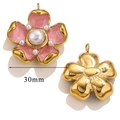 Pink enamel flower pendant with pearl center and 30mm gold base for DIY earrings - Pink
