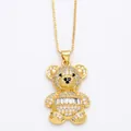 Chic golden teddy bear pendant necklace with sparkling zircon pavé and box chain - Style C (Baguette Stones / Black Eyes)