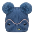 Navy blue baby knit hat with double blue pom-poms and cute cartoon animal embroidery - One Size / Blue