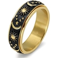 Rotatable stainless steel ring in black and gold finish with sun and moon relief - Gold Black