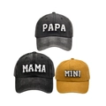 Three washed cotton baseball caps in black, grey, and yellow with PAPA MAMA MINI embroidery - Family Set (PAPA+MAMA+MINI) / Black/Black/Yellow