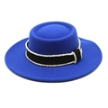 Detail of dark blue wool felt hat with black ribbon trim and white bead edge accents - Blue