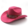 Detail of rose red suede cowboy hat featuring brown leather band and floral embroidery - M (56-58cm) / Rose Red