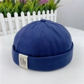 Bonnet docker bleu marine en toile de coton rétro avec étiquette latérale vintage et couronne - M (56-58 cm) Réglable / Bleu Marine