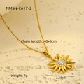 Macro view of gold flower necklace with rhinestone pendant and product dimensions - Gold Sun Pendant (NMSN-E617-2)