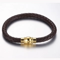 Men's dark brown woven leather bracelet featuring a polished gold magnetic clasp - Brown (KB115158-KFC)