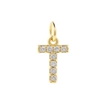 Detail of 18k gold letter T pendant with micro-pave cubic zirconia on white background - Gold-T