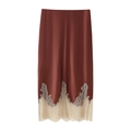 Elegance brown satin midi skirt with contrast cream eyelash lace trim on white background - XS / Brown Red