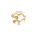 Golden wave-shaped leaf open ring with a white pearl and round stone inlay - Branch Leaf Pearl Style / Gold