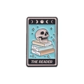 Tarot card enamel pin featuring a skeleton on books with The Reader text in blue - Tarot The Reader