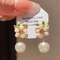 Elegant 925 silver flower stud earrings with white enamel petals and hanging pearls - Pink Enamel Flower Pearl (18#)