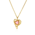 French vintage titanium steel heart pendant necklace with pink stone in gold finish - Fluid Border Pink Heart Pendant (N06984)