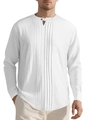 Chemise Henley en lin blanc à manches longues pour homme avec col officier et plis - S / Blanc