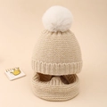 Detail of beige knit baby hat and scarf set with honeycomb texture and white pom-pom - Beige