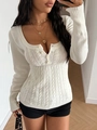 Slim fit white cable knit long sleeve sweater for women featuring decorative collar buttons - S / White