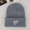 Unisex grey knitted beanie hat with white heart embroidery for winter warmth - One Size / Gray