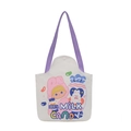 White canvas tote bag with purple handles featuring a cute cartoon girl and milk candy print - Style 1