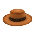 Ginger yellow wide brim felt fedora with brown leather band and metallic bull head buckle - One Size / Camel (Bull Head Buckle)