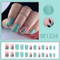 Unghie finte quadrate corte con motivi a foglia verde e dettagli glitter oro - Stile Foglia Verde Menta Glitter (Versione Colla W1324)