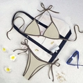 Two-piece color block bikini set in beige with dark brown trim and side tie details - Khaki