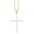 Elegante gouden ketting met een kruisvormige hanger gemaakt van witte ronde parels - Kruis