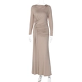Close-up of ruched waist details and cut-out neckline on an apricot long sleeve dress - S / Nude