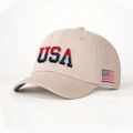 Gorra de béisbol de algodón beige con bordado USA y parche de bandera lateral - Ajustable / Caqui Claro