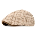Coppola retrò in tweed beige e marrone con visiera in pelle scamosciata marrone - Beige