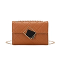 Caramel brown quilted chain crossbody bag with a square geometric metal buckle - Dark Brown